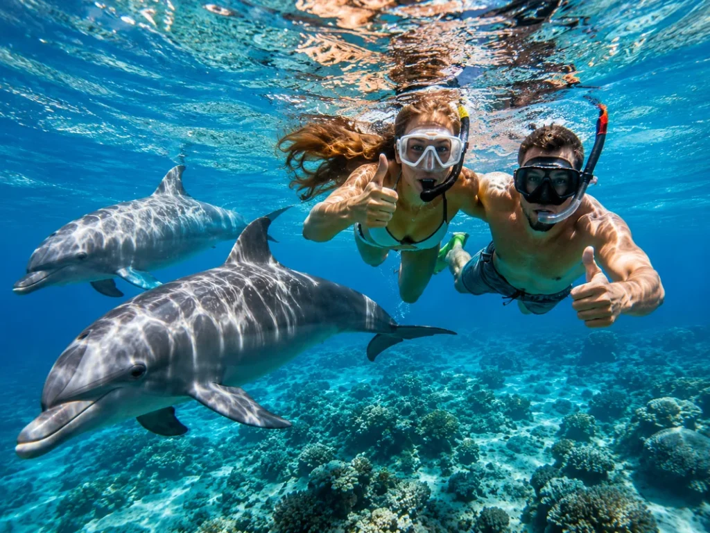 Tourists snorkeling with dolphins during Dolphin House Hurghada tour in the Red Sea